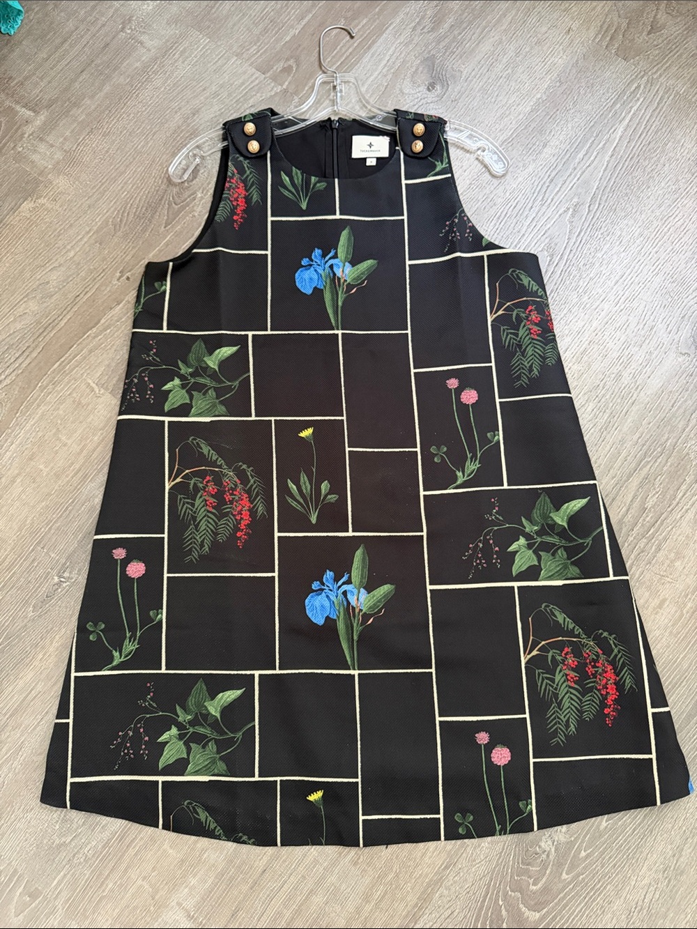 Tuckernuck Black Grid Floral Shift Dress with Gold Buttons